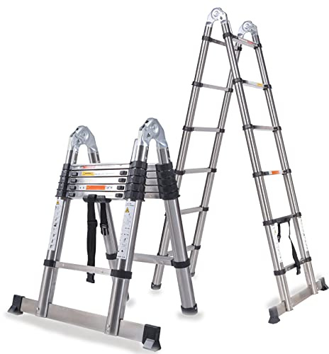 Retractable Ladder 3.8M 12.5FT with 330lb Load Capacity 12 Steps A-Frame Folding Extendable Multi-purpose Stainless Steel Ladder for Household Daily Office Home Garden Construction Site Use
