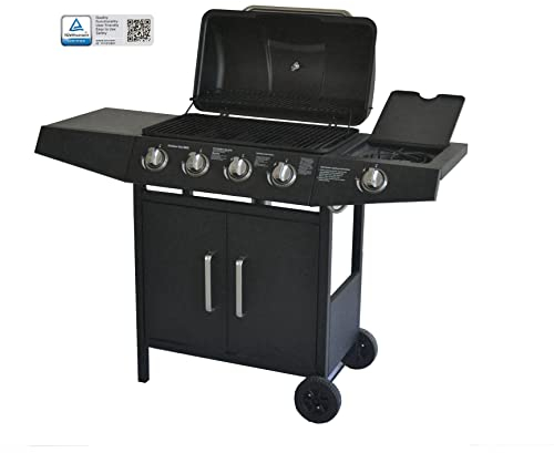 Barbacoa de gas 4+1 quemador sin humo, sartén y parrilla de acero troquelado, mesa auxiliar con fuego lateral, color:negro 4+1 quemador