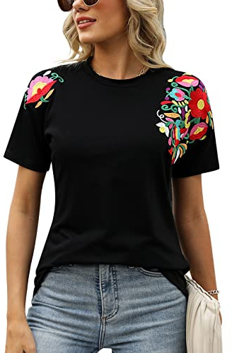 Mexican Shirts for Women Embroidered Tops Traditional Summer Blouse Women's Floral Tunic Short Sleeve Cinco De Mayo Fiesta Outfit Fiesta Clothing Casual Short Sleeve Style Floral Black