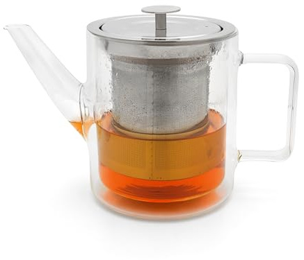 Bredemeijer kleine gläserne Retro Teekanne 1.0 L doppelwandig - isolierende Glaskanne mit Tee-Filter aus Edelstahl