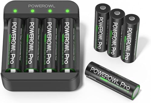 POWEROWL 8 AA baterías de Litio con Cargador de batería, Alta Capacidad de Larga duración 1,5 V AA para Dispositivos de Alta tecnología