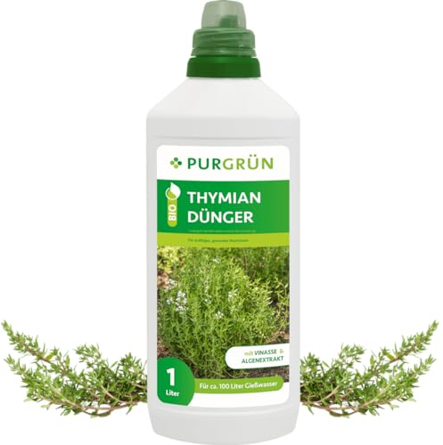 Purgrün® Bio-Thymian-Dünger 1 Liter – Organische Rezeptur – Premium-Flüssigdünger – NPK 4+1+7 – Mit Algenextrakt & Vinasse – Extra Kalium für ein kräftiges Aroma – Ohne tierische Inhaltsstoffe