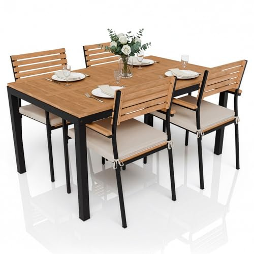 Juskys Salon de Jardin en Bois d'acacia Rhodos - Table, 4 chaises & Coussins - Mobilier de Jardin en Bois, 5 pièces - Meubles de Balcon - Mobilier d'extérieur Bois Naturel & Noir