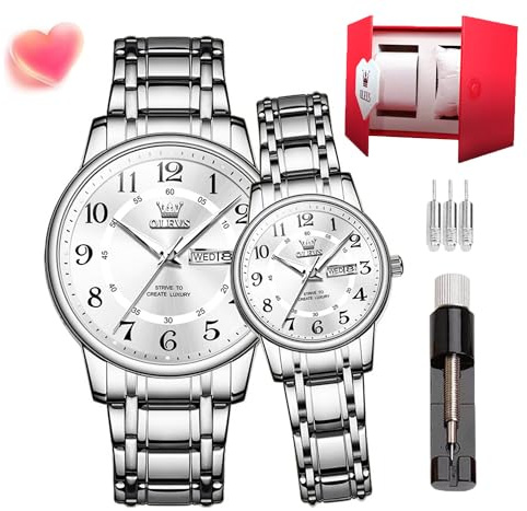 OLEVS Reloj de pulsera de cuarzo para pareja, acero inoxidable, romántico, para hombre, día y noche, con luz, calendario, resistente al agua, casual, para hombre y mujer