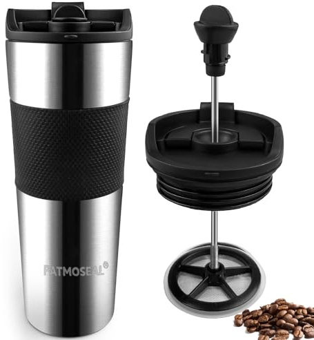 patmoseal Insulated French Press Travel Mug Leak-Proof, Portable Coffee Maker, Vacuum Cafetiere 3 Cups for Travel, Camp, 15oz/450ml (Silver)