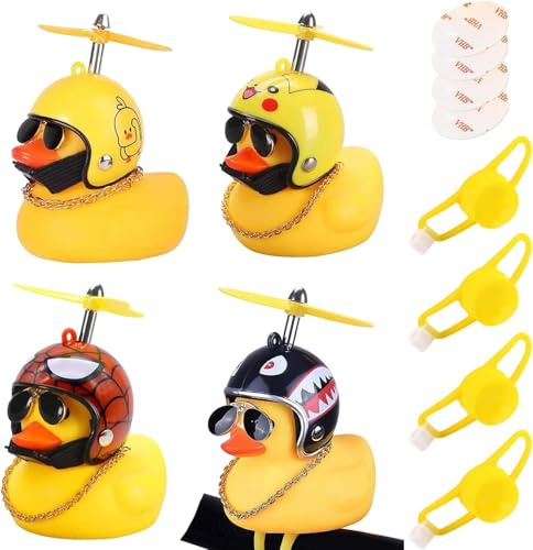 HESUSUSI Paperelle Di Gomma Per Auto 4 Pezzi decorazioni macchina Ornamenti di Auto di Anatra di Gomma Gialla Giocattolo Con casco a elica e cinturino di fissaggio per Decorare Biciclette moto