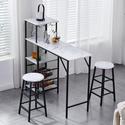 3-Piece Bar Table Set, Breakfast Bar Table and 2 Stools Set with Wine Rack, Glass Holder, Shelves & Hooks, Counter Height Dining Table Set for Kitchen Living Room Dining Room Home Bar (White Marble)