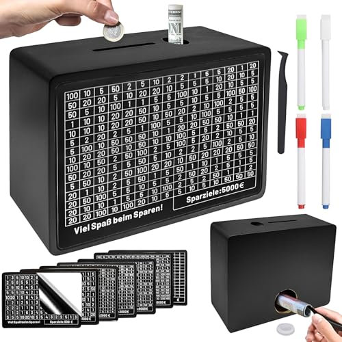 Outtshop Spardose Holz, Sparbox mit Zahlen Ankreuzen, €500 €1,000 €2,000 €3,000 €5,000 €1,0000 Wiederverwendbar spardose, Geeignet für Kinder und Erwachsene Keine, Montage erforderlich (Schwarz)