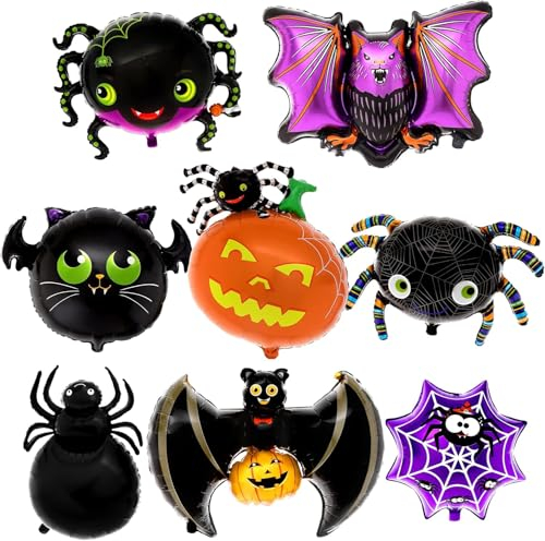 8 Stück Halloween Folienballon, Halloween Deko Luftballon mit Kürbis Ballon Spinne Ballon Fledermaus Ballon, Halloween Luftballons für Halloween Party Restaurant Club Bar Maskeraden Dekoration