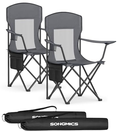 SONGMICS Set di 2 Sedie da Campeggio Traspiranti, Sedie Pieghevoli da Esterno con Schienale Alto, Braccioli Regolabili, Portabevande, Portata 150 kg, per Giardino, Cortile, Grigio Ardesia GCB028G01