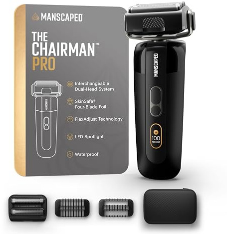 MANSCAPED® The Chairman™ PRO folierakapparat för män - två utbytbara bladhuvuden, SkinSafe® fyrbladig folie- och stubbtrimmer, ansiktsrakapparat med USB-C och trådlös kompatibel laddning, reselås