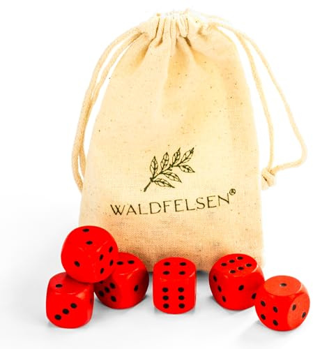 Waldfelsen 6, 12, 20, 30 o 50 dados de madera de haya auténtica de alta calidad, dados de juego de madera en cubos estándar de 16 mm, con bolsa de tela, juego de dados (rojo, 6 unidades)