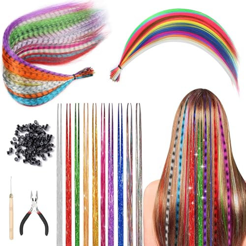60 Pièces Kit Extension de Cheveux Colorés Mèches de Cheveux pour Enfants Synthétiques Cheveux Meche Cheveux Couleur Postiche, Pince, Crochet avec 100 Perles, Pince pour Tresses de Queue de Cheval