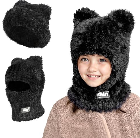TAGVO Barn balaklava vinter, multifunktionell vindtät stickad mössa med mjuk och varm fleece, halsvärmare vintermössa ansiktsmask utomhus mössa halsduk set mössa för 3–10 pojkar flickor, svart, one