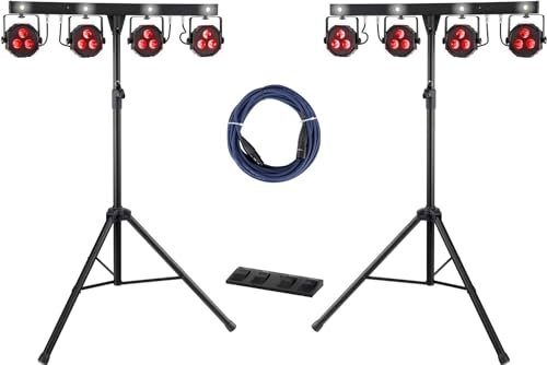 Showlite LB-4390 LED RGB Sistema Completo 2x Set con Pedales Inalámbricos - Tri-LED PAR, Spots Strobe Blancos, DMX512, T-Bars, Trípodes, Bolsas y Cable DMX.