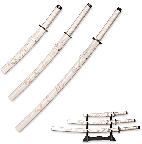 HIMMEL STORE Sword 3er-Set Japanisches Samurai-Schwert mit Display-Ständer, Iaido Katana graviert mit Drachenmuster auf der Scheide