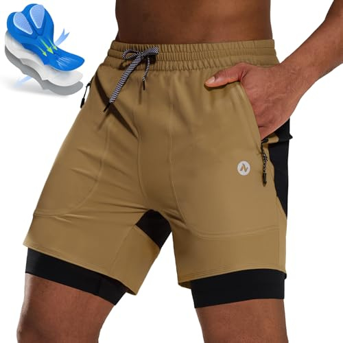 Nepest - Pantaloncini da mountain bike da uomo, corti, imbottiti 4D, con tasche con cerniera, pantaloncini da bici comodi, kaki/nero, M