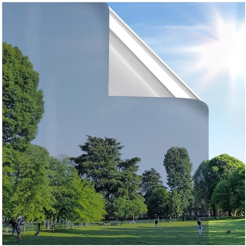 rabbitgoo Vinilos Espejo para Ventanas Privacidad, Lamina Solar Ventana Anti UV Anti Calor, Vinilos para Cristales Estatico, Removible Reutilizable, para Hogar Oficina Tienda, 44.5x200cm, Plata