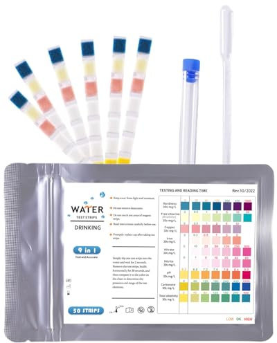HUVZOR 50 pièces 9 en 1 Test eau Potable, Test de La Dureté de L'Eau, Kit Analyse Eau, Test du PH, Plomb, Fer, Cuivre, Etc., Convient pour L'Eau du Robinet Domestique, Aquariums, Les Piscines