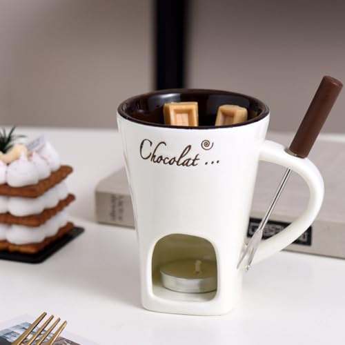 Chokladfonduemugg, med fonduegaffel, 130 ml personlig chokladsmältningskopp keramisk smörvärmare set, för picknick ost choklad smör