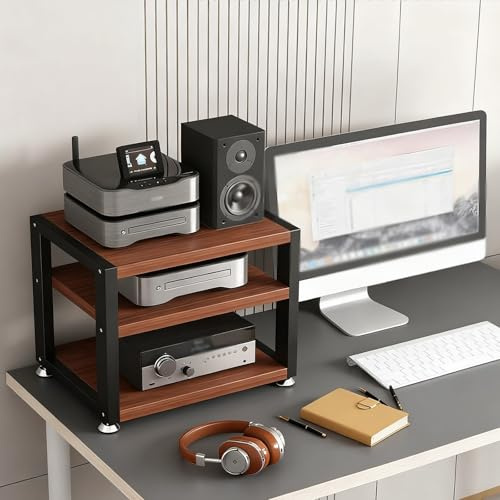 HiFi-ställ med 3 nivåer för AV-mediaspelare och högtalare – kompakt skrivbordshylla, perfekt för hemmakontor och spelrum (teakfärg, 40 cm/15 tum)