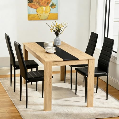 ZZINOKE Conjunto 1 Mesa y 4 Sillas Comedor, Mesa:110x70x75cm, Silla:40x39x98 cm, Ideal para Comedor, Cocina y Salon, Mesa y Sillas Cocina, Marrón + Negro
