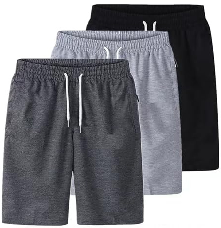 Men's 3 Pack Jersey Shorts Multipack Knee Length Sweat Shorts with Zip Pockets Elasticated Drawstring Waist Casual Lounge Jogger Shorts Loose Fit Summer Holiday Activewear Bottoms (A01 3pcs, M)
