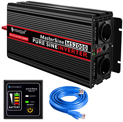 NOVOPAL 2000W Wechselrichter 12V auf 230V Reiner Sinus Spannungswandler Power Inverter mit 5M Fernbedienung und 2.4A USB Anschlüsse für Wohnmobil Auto Camping
