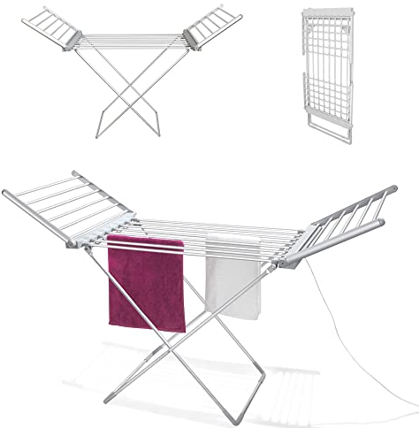 Fishtec - Asciugabiancheria elettrico pieghevole in alluminio - Asciugabiancheria da bagno riscaldato a 18 barre - 230 W - 145 cm - alluminio argento - Asciugatura rapida - Vestiti - Biancheria
