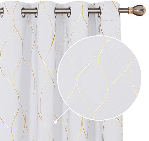 Deconovo Lot de 2 Rideaux à Oeillets Occultants Enfants Rideau Isotants Thermique Anti Froids Motifs Ligne Dorée 168x229cm Blanc Pâle Gris