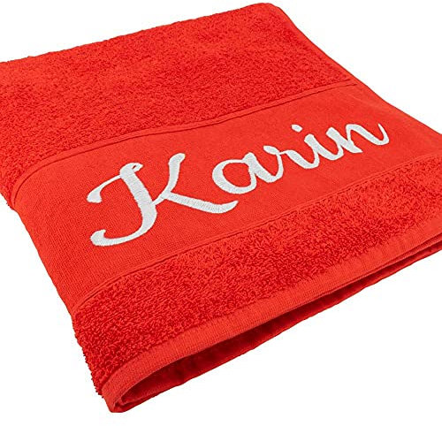 Deitert Handtuch mit Namen oder Wunschtext Bestickt, personalisiertes Duschtuch, individuelles Badetuch, 100% Baumwolle, 180 x 100 cm rot