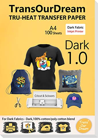 TransOurDream Tru-Transfer Paper -100 Sheets A4 Inkjet Iron On Transfer Paper Heat Transfer Vinyl for Dark T Shirts Fabrics.NO Peeling!NO Cracking!Personalised Iron On Transfers(TRANS-3-100)