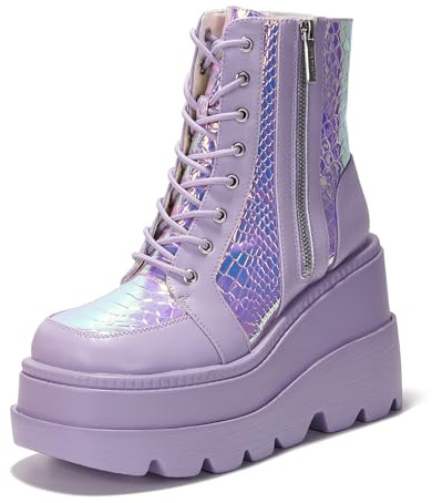 Cape Robbin Women's Holographic Platform Ankle Boots Chunky Block Heel Lace Up Side Zip (Radio) Lilac 10