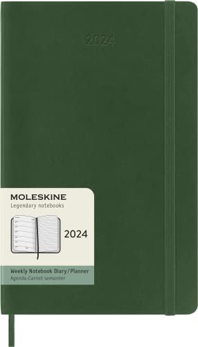 Moleskine Weekly Agenda with Space for Notes 12 Months 2024, Agenda 2024, Size Large 13x21, Soft Cover and Elastic Closure, Colour Myrtle Green