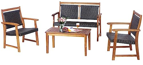 KOMFOTTEU Set di 4 Mobili da Giardino con 2 Poltrone,1 Doppia Sedia e 1 Tavolo, Set da Balcone in Rattan e Legno di Acacia, Sedia da Giardino con Braccioli e Schienale per Terrazza, Rosso e Marrone