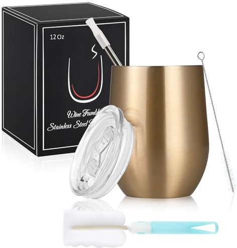 Joymaking Copa de vino de acero inoxidable, sin tallo con tapa, taza de viaje irrompible de doble pared para leche, café, vino, cerveza, champán, cócteles, champán, oro champán