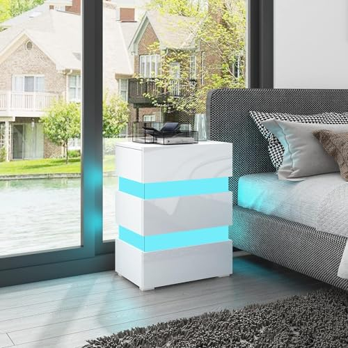 Nachttisch Mit LED-Leuchten, Hochglanzfront und 3 Schubladen - Moderner Nachtschrank Mit Einstellbaren Farben für Schlafzimmer (Weiß)
