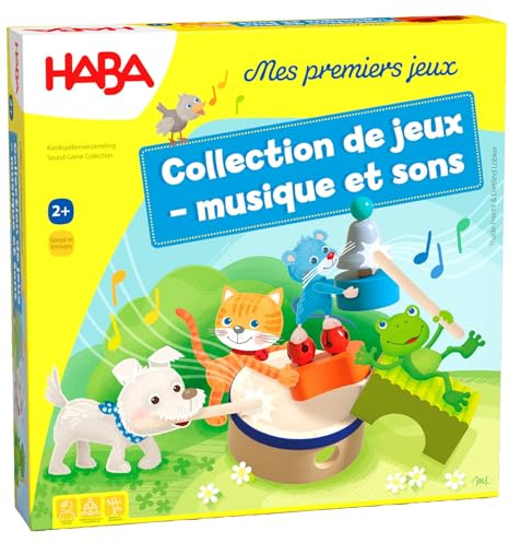 HABA Collection de Jeux - Musique et Sons – avec 4 Instruments : Cloche, Tambour, Pont cliquetant et grelots - Jouet en Bois & Jeu de société pour Enfants dès 2 Ans - 1307105003
