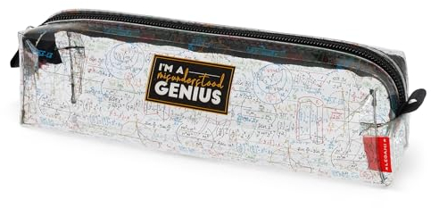 Legami - Durchsichtiges Federmäppchen, Pencil Case für Bleistifte, Textmarker, Stifthalter für Kinder, Jugendliche und Erwachsene, Reißverschluss, Größe 19,5 x 5,5 x 5,5 cm, Thema Genius, Weiß,
