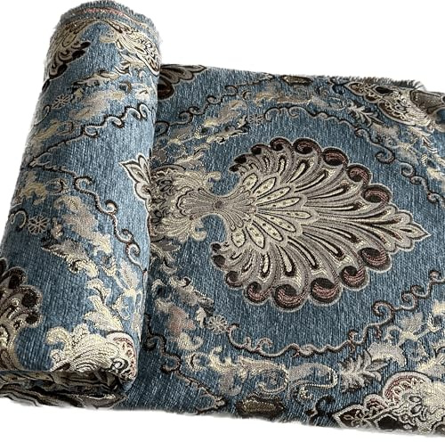 TinaKim Thick Chenille Damask Fabric, for Chair Couch Pillow Tablecloth Material DIY Repair (Blue Peacock, 6 Yard)