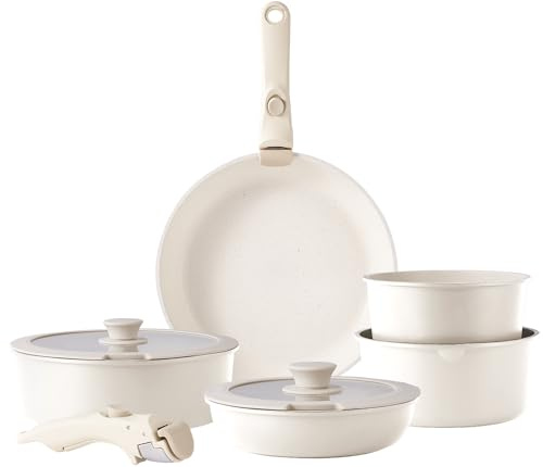 RIOVARM Induction Batterie de cuisine avec Poignées Détachables, Empilables Antiadhésive Granit Sets de poêles et casseroles avec Couvercles, Peu encombrant Poêle à frire Sans PFOA