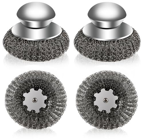 Estropajo de lana de acero con mango, 4 unidades, esponja de acero inoxidable, esponja para limpiar platos, ollas de hierro fundido, sartenes, parrillas, etc