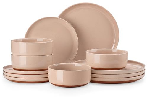MALACASA Plates and Bowls Sets, 12 Pieces Modern Stoneware Dinnerware Set for 4 Kitchen Dinner Set Ceramic Dishware Dishes Set Microwave and Dishwasher Safe, Pink, Series TARA