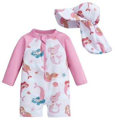 Toddler Baby Girl Swimsuit and Hat Zip Up Long Sleeve All in One Swimming Costume UV Sun Protection Swimwear One Piece Swimming Suit Rash Guard Sunsuit (Animal Mermaid Light Rose, 18-24 Months)