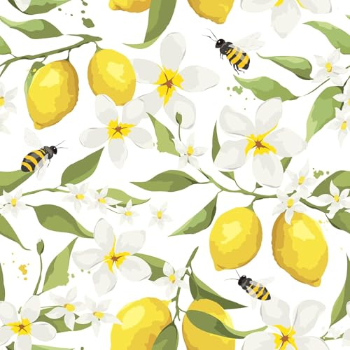 FunStick Klevtapet Självklevande Vägg Vit och Gul Tapet Citron Lemon och Bin Frangipani Blomtapet Klevfolie Köks Citronblad Vit Gul Möbelfolie Barns Sovrum 44,5CMx3M