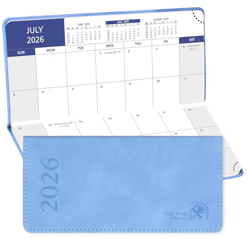 POPRUN Month to View Pocket Diary 2026 17.5x8 cm Slim Purse Size Monthly Planner 26 For Bag, 144 Pages, PU Leather Hardback(Cyan Blue)