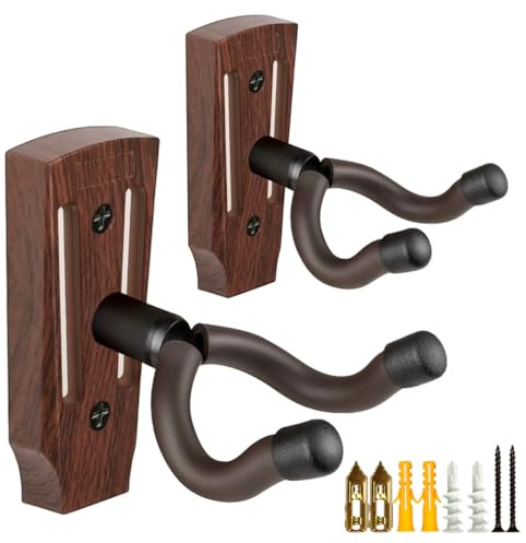 Lot de 2 supports muraux pour guitare acoustique, électrique, basse, ukulélé avec 5 médiators (couleur noyer)