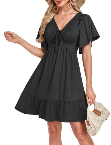 AUSELILY Summer Dresses for Women UK V Neck Short Sleeve Dress with Pockets | Knee Length Beachdress,Casual Ladies Summerdress,A-line,Ruffled Sleeve,Drawstring Neck Sundress