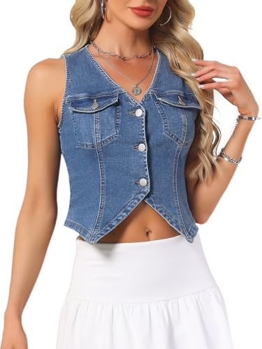 Allegra K Gilet en Jean Femme sans Manches Col en V Fermeture Veste Courte Boutonnée Idéal pour L'Été et Les Loisirs