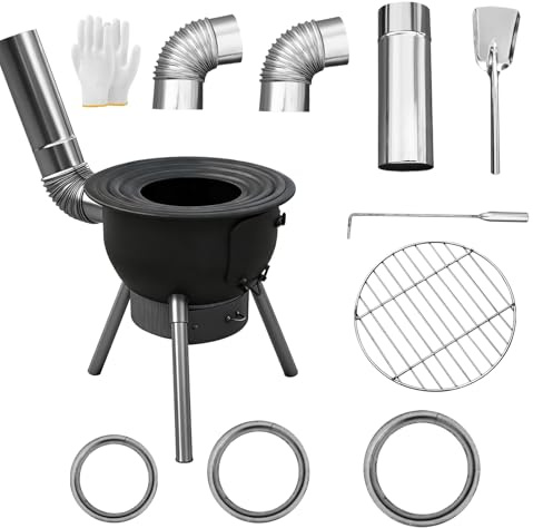 Outdoor Wood Burning Stove with Chimney Pipe, Portable Fire Pit Stove with Grill Grate, 16.8” Cooking Surface, Detachable Rings, Ideal for Camping, Backyard & Outdoor Cooking